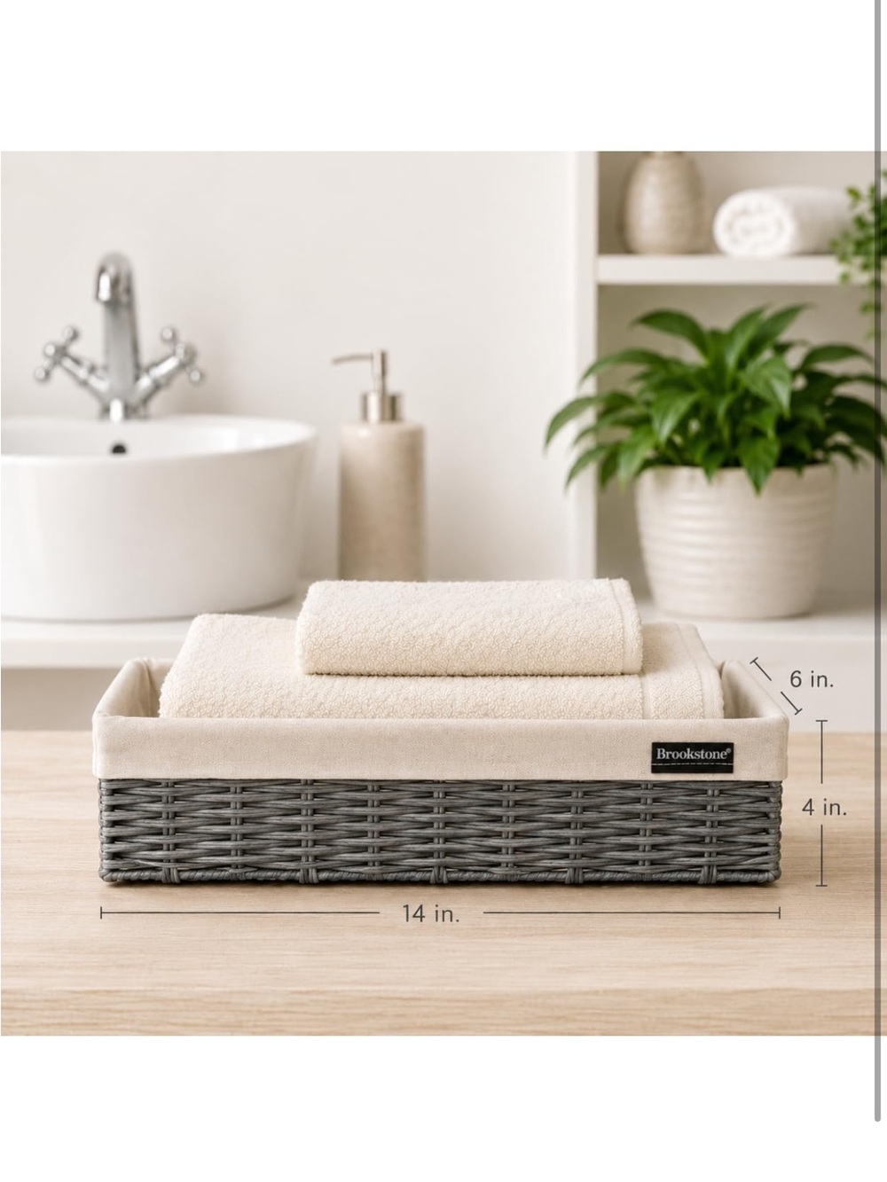 Brookstone Gray Wicker Bathroom Organizer Basket with liner
